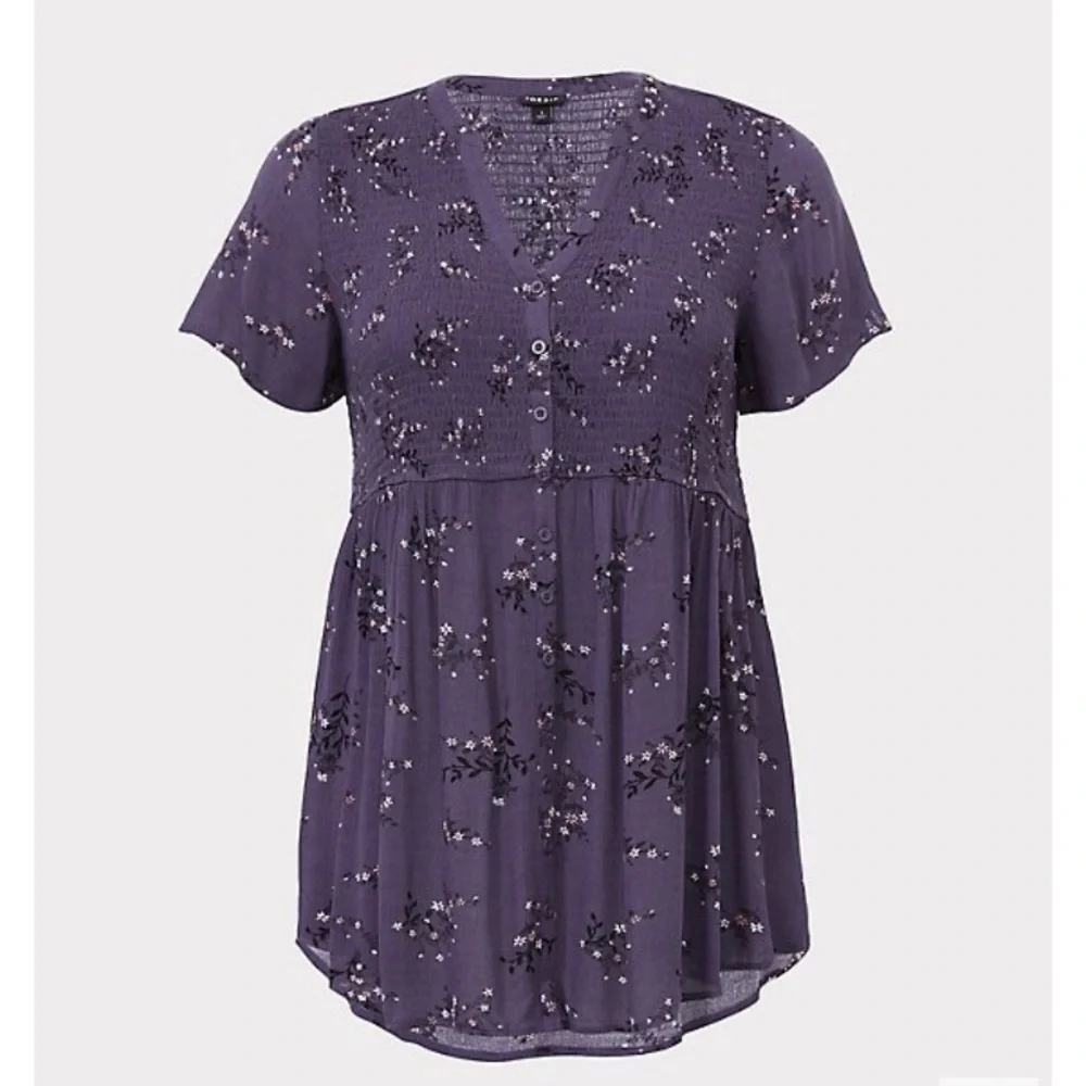 TORRID BABYDOLL GAUZE SMOCKED BUTTON-FRONT TOP Size 2 Plus Size Purple - Picture 4 of 13